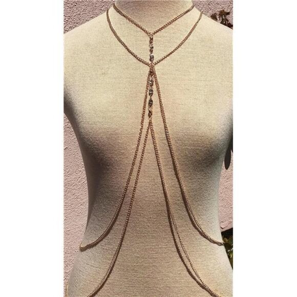 Boho Gold Multilayered Chain‎ Crystal Body Necklace Body Jewelry Belly Chain - Picture 4 of 5